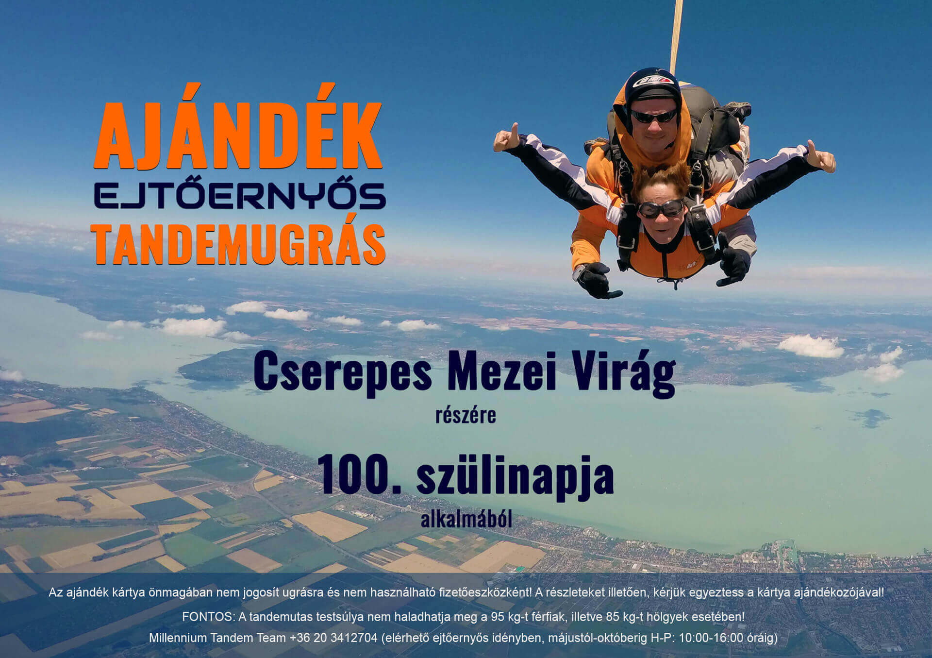 Névre szóló ajándékkártya ejtőernyős tandemugráshoz